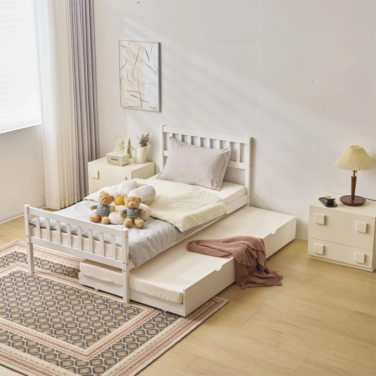 White Twin Bed with Trundle L17370
