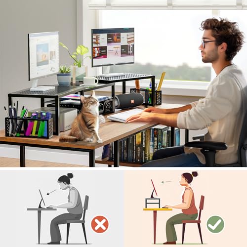Black Dual Metal Monitor Stand Riser with Drawer and Pen Holder N754