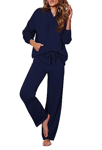 Women's 2 Piece Sweater Set Long Sleeve Hoodies With Pocket Wide Leg Pants Lounge Sets S907