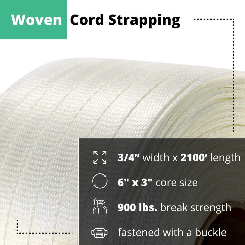 3/4" x 2100’ Woven Cord Strapping Roll, 900 lbs Break Strength, White I2436