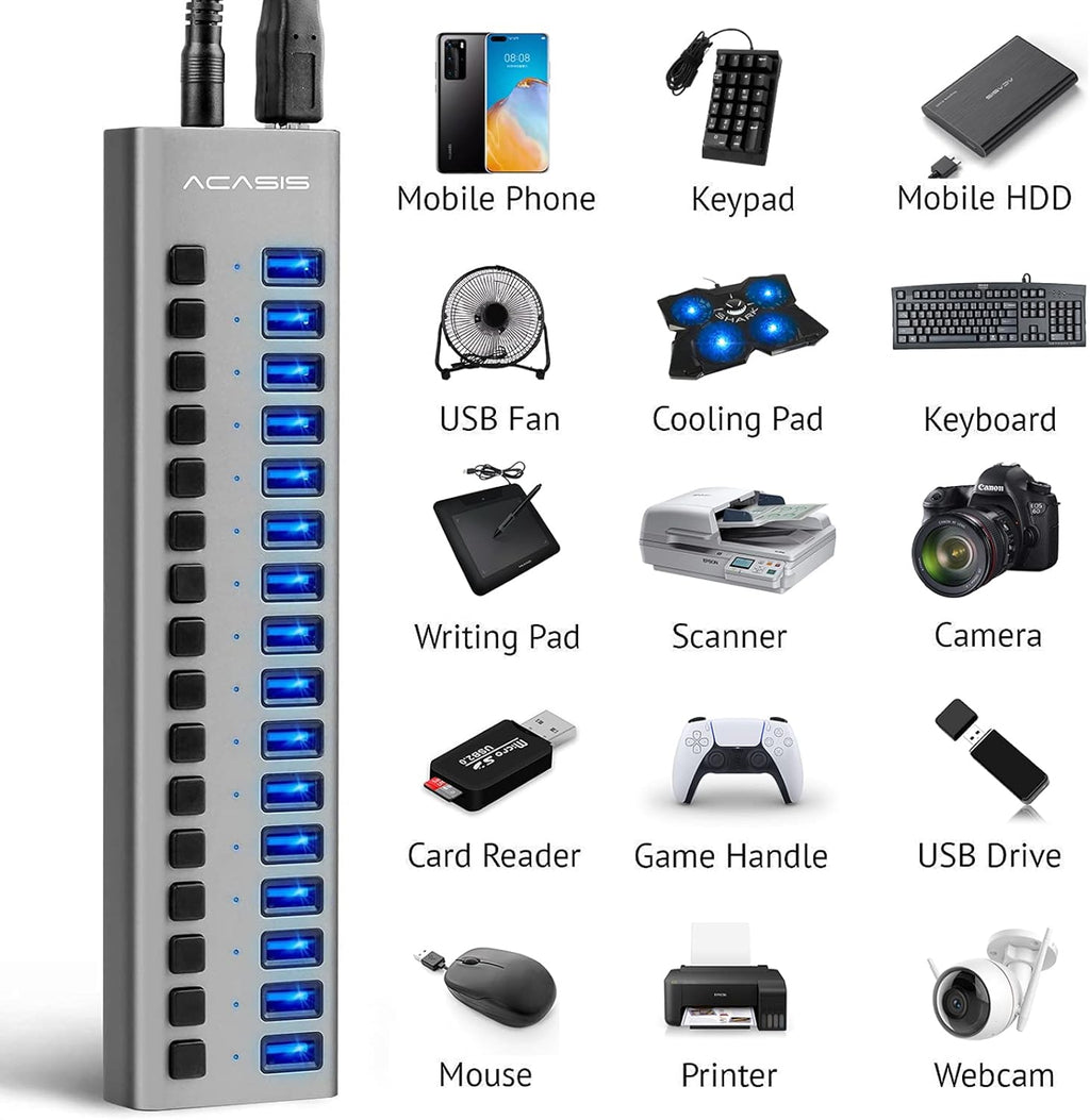 16 Ports USB 3.0 Powered Hub with Individual On/Off Switches and Power Adapter, Pack of 2 Q49717
