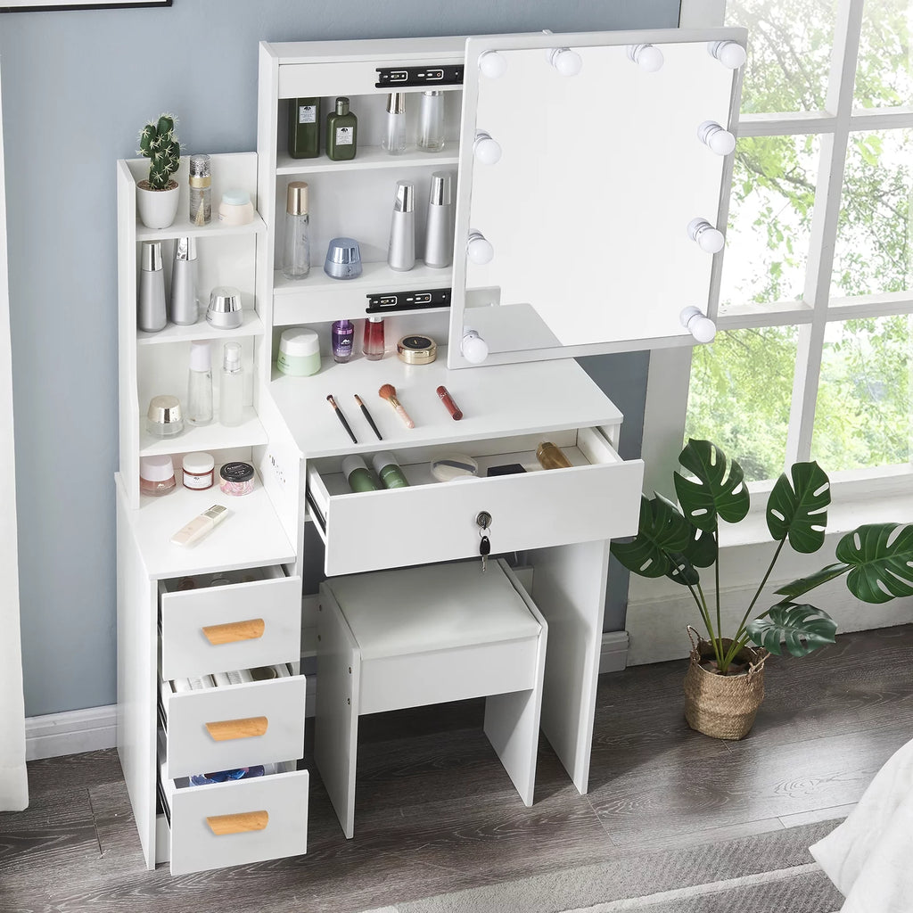 White Makeup Vanity Desk with Mirror and Lights F5986