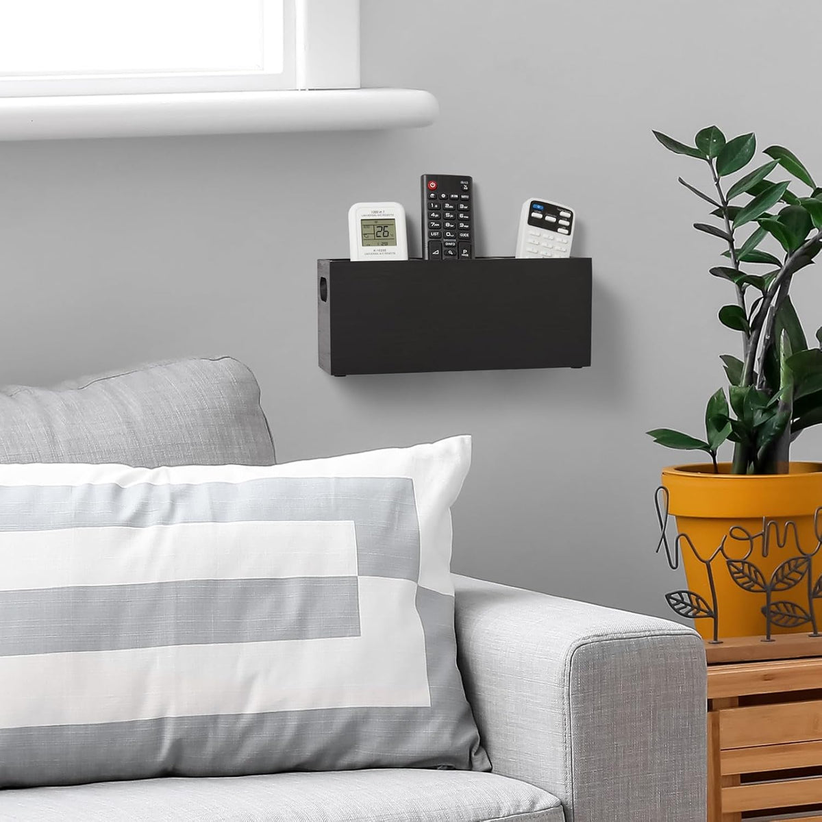 Black 3 Slots Wooden Wall Remote Holder E2235