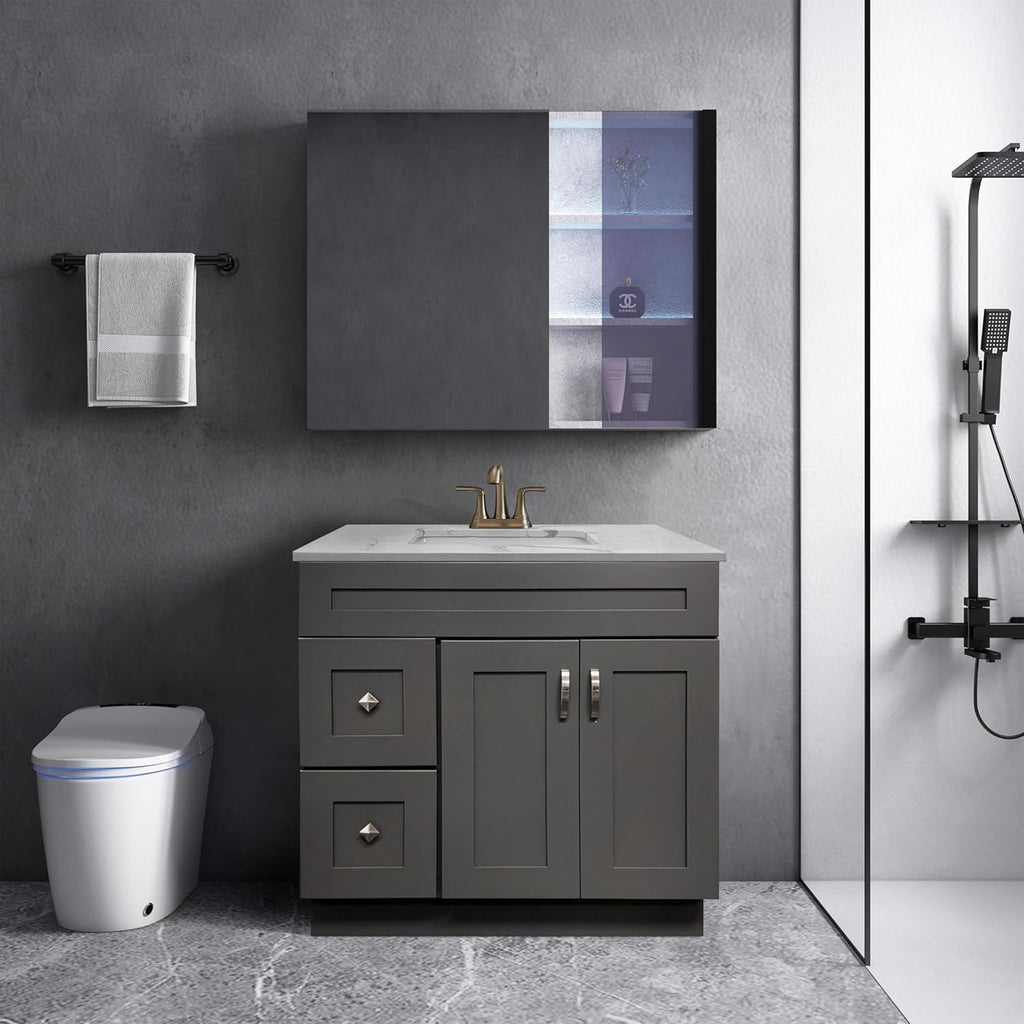 Gray Shaker Bathroom Vanity Sink Base with Drawers 36 in Cabinet Y90884
