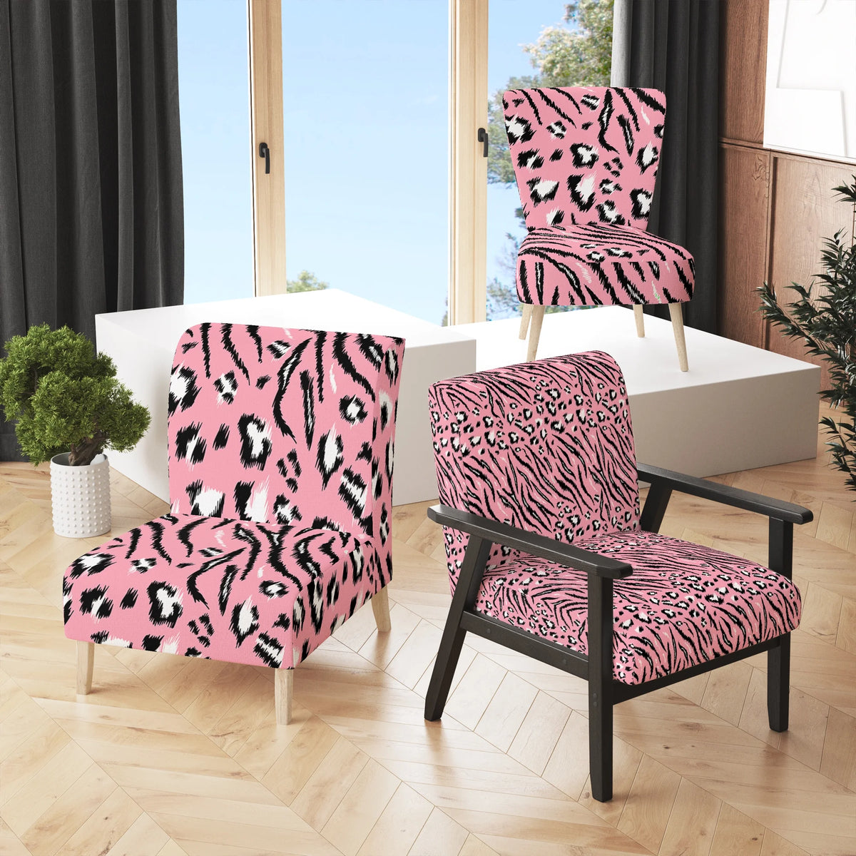 Pink Tiger and Leopard Pattern Upholstered Accent Chair P83772