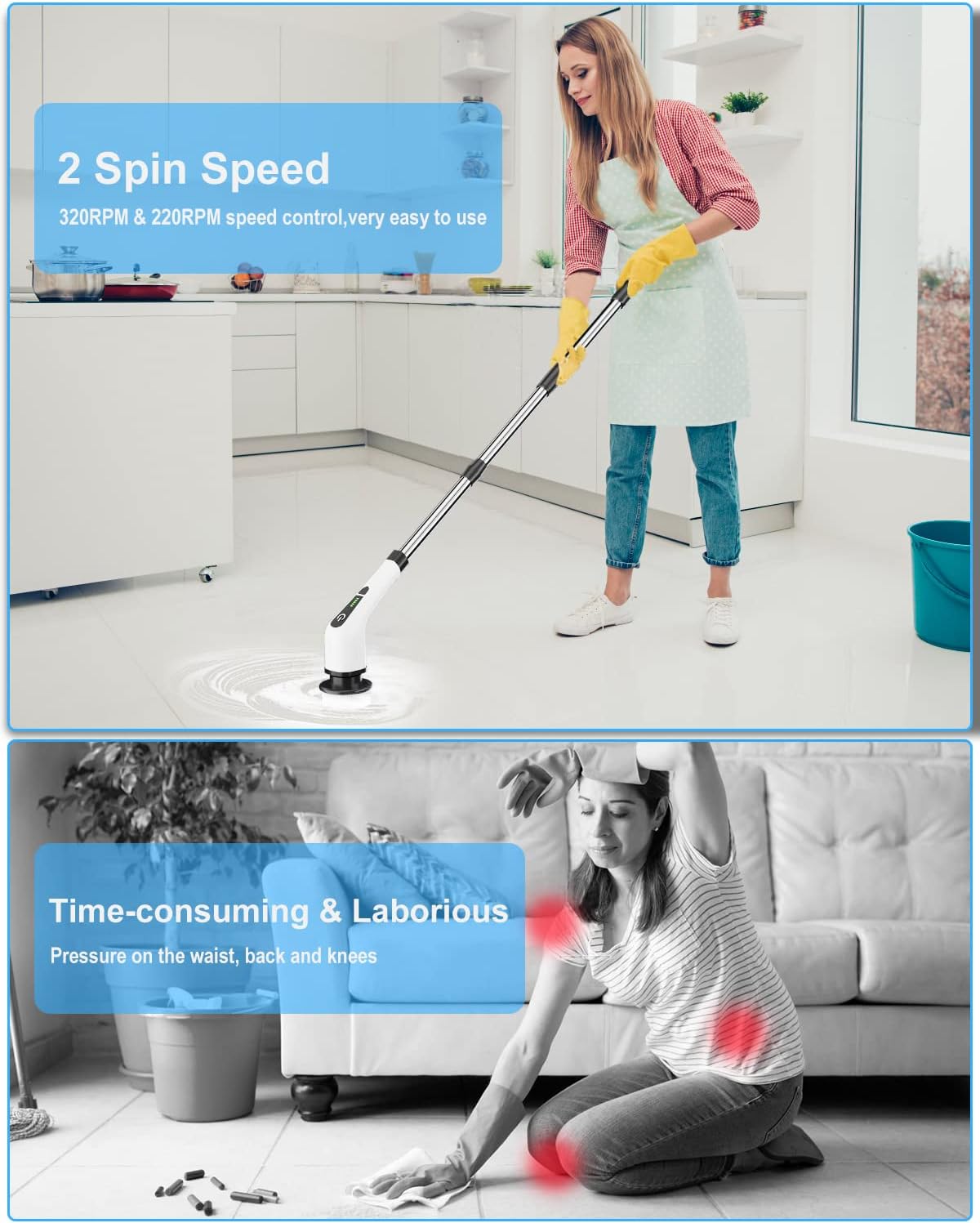 Cordless Electric Spin Scrubber with 8 Replaceable Brush Heads, 54 Inch Adjustable Handle, Pack of 2 T728327