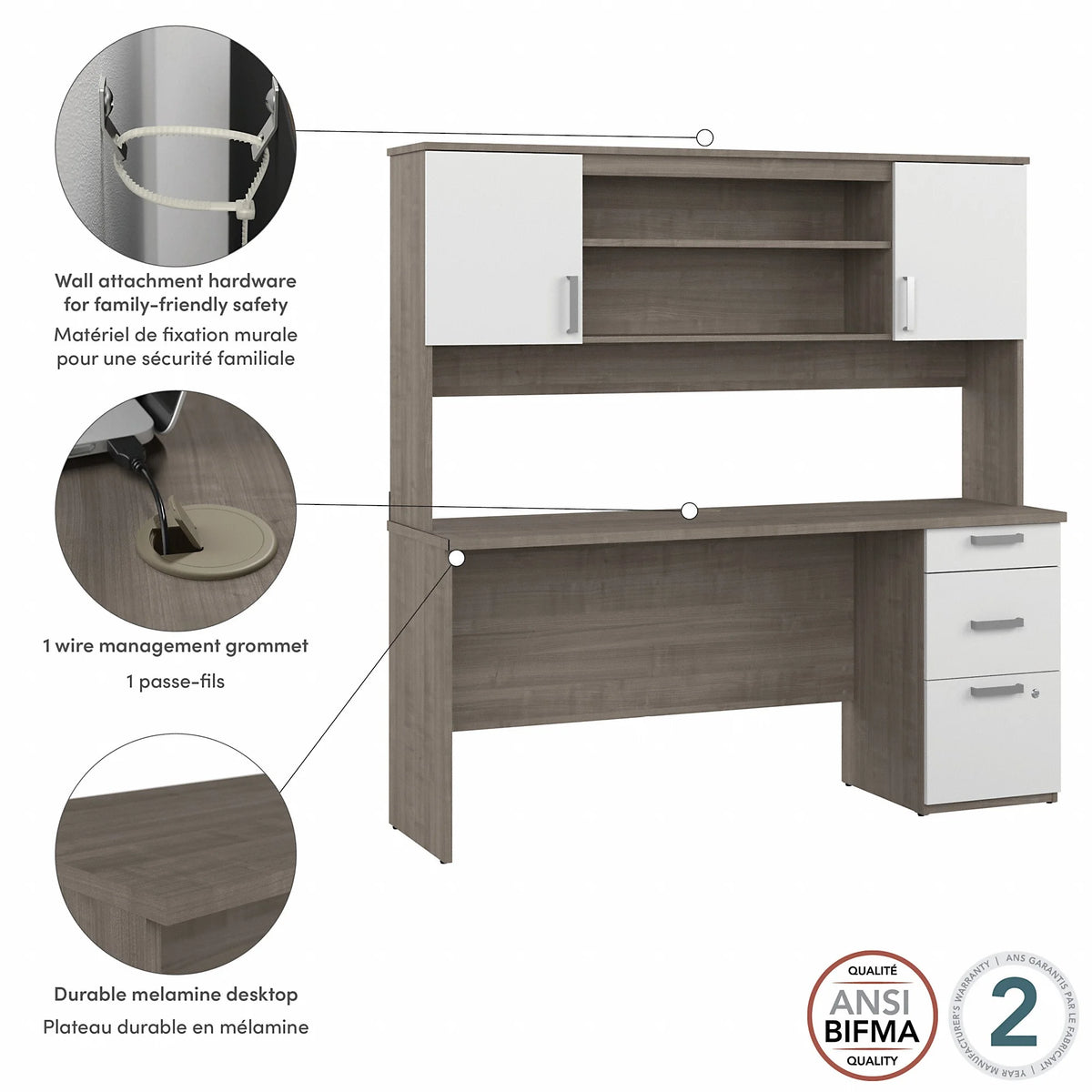Silver Maple White Engineered Wood Computer Desk with Hutch B364055