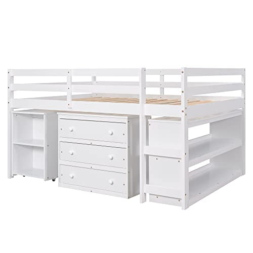 White Full High-Grade Pinewood Low Study Loft Bed with Desk, Cabinet, Bookshelf, Rolling Portable Desk, Full-Length Guardrail T412426