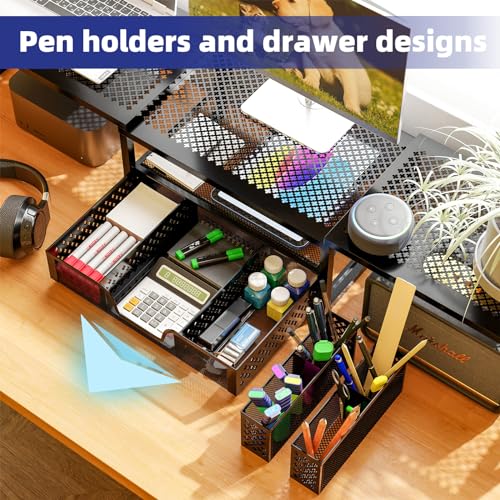 Black Dual Metal Monitor Stand Riser with Drawer and Pen Holder N754