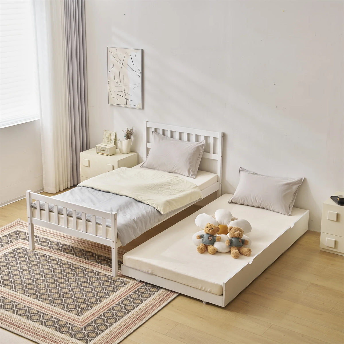 White Twin Bed with Trundle L17370