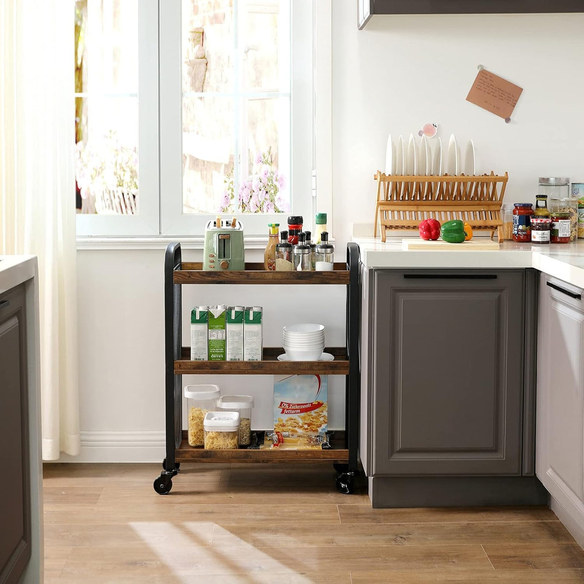 Wooden Storage Cart with Rolling Wheels and 3 Shelves G4974