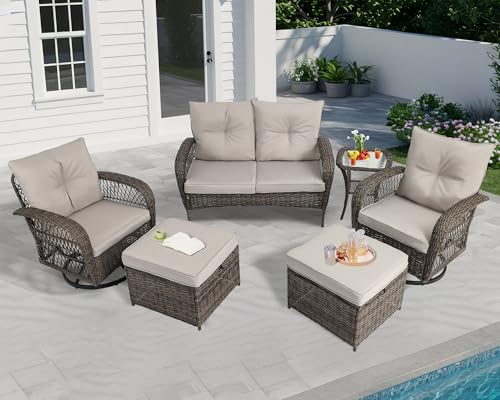 6 Pieces Patio Furniture Set Wicker Sofa with Swivel Rocking Chairs Ottoman Coffee Table Gray A444715