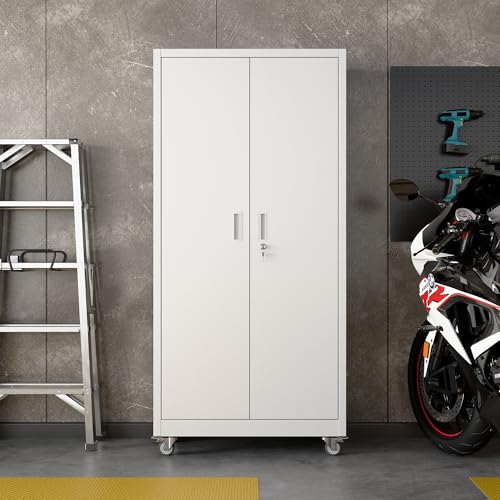 Lockable Metal Garage Storage Cabinet with Wheels and 4 Adjustable Shelves F690