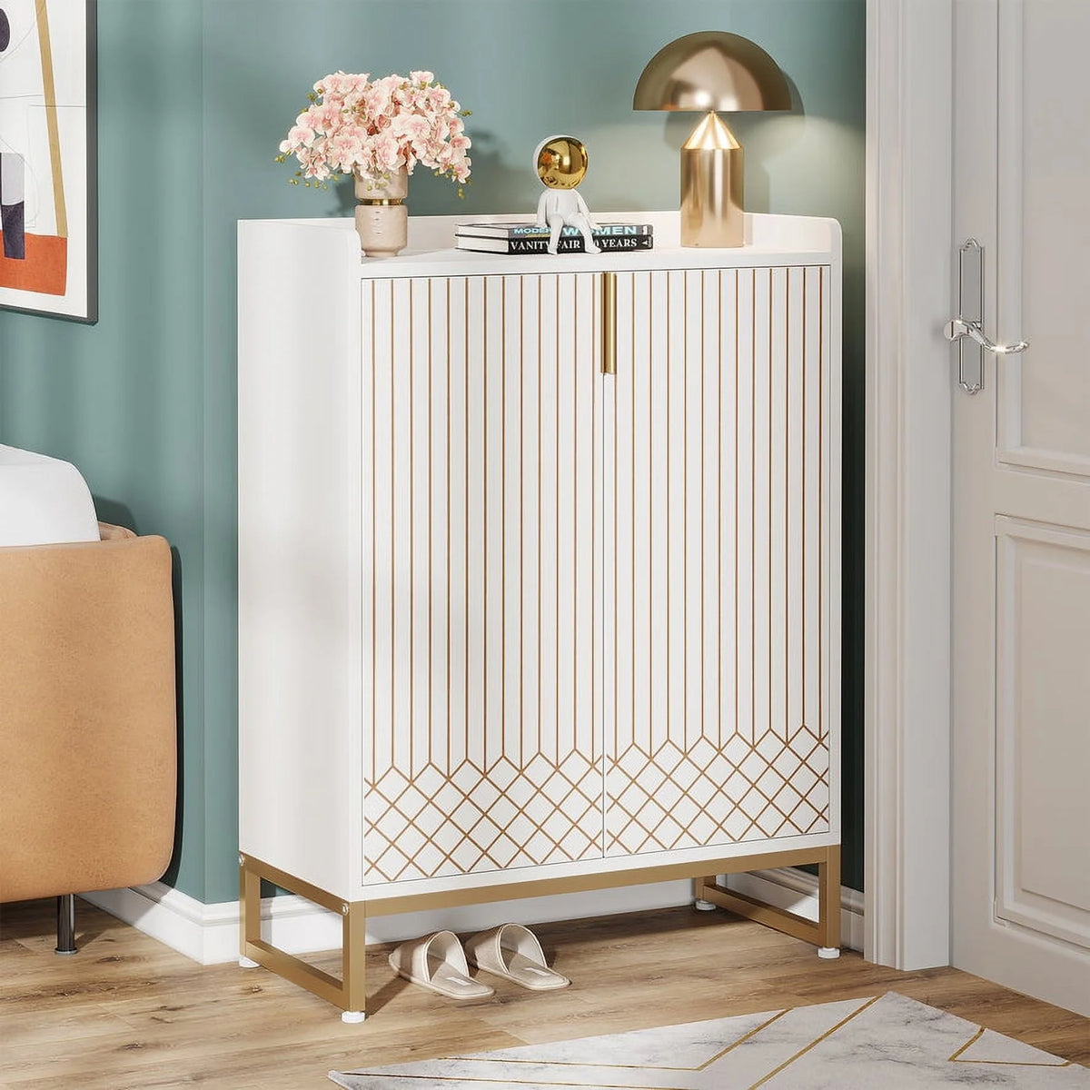 White and Gold 25 Pairs 5-Tier Shoe Cabinet D741956
