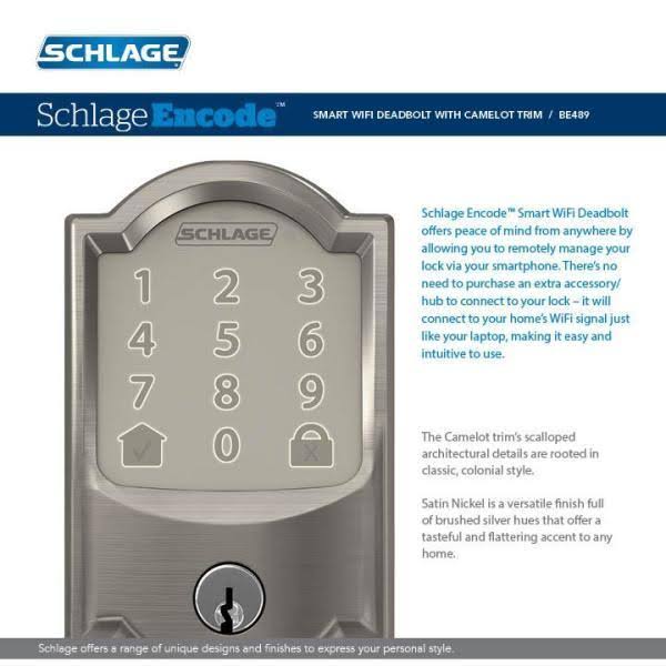 Satin Nickel Smart WiFi Door Lock with Alarm and Accent Lever Handleset F642359