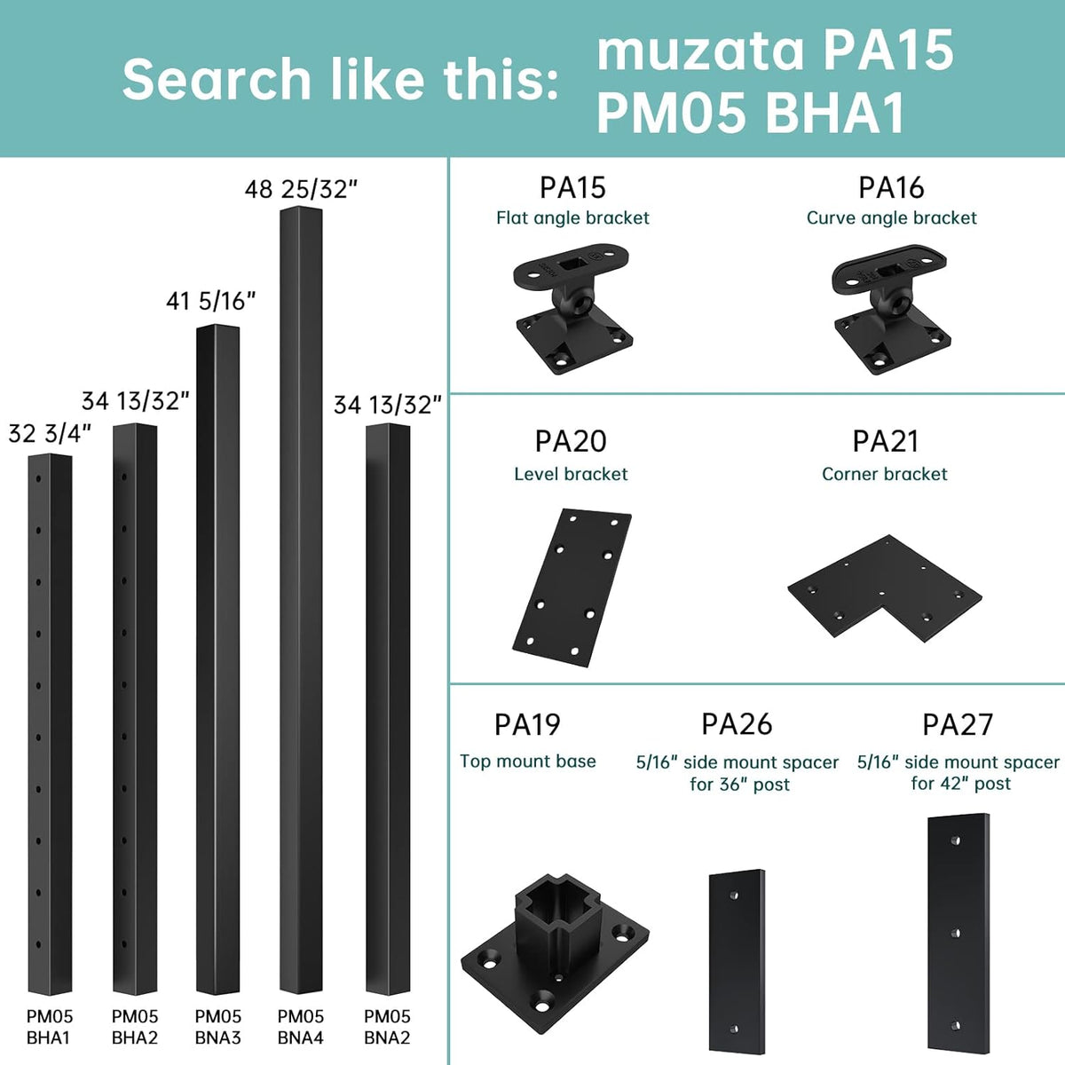 2-Pack 36-42 inch Assembled Weldless 2x2 Square Aluminum Black Powder Coated Side Mount Surface Mount Posts Y167