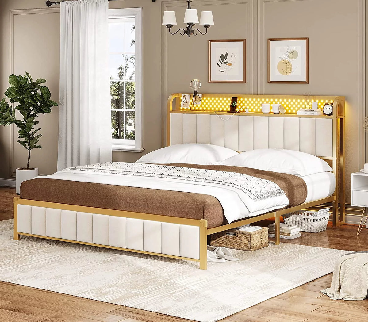 LED Queen Bed Frame with Storage Headboard and Drawers A682005