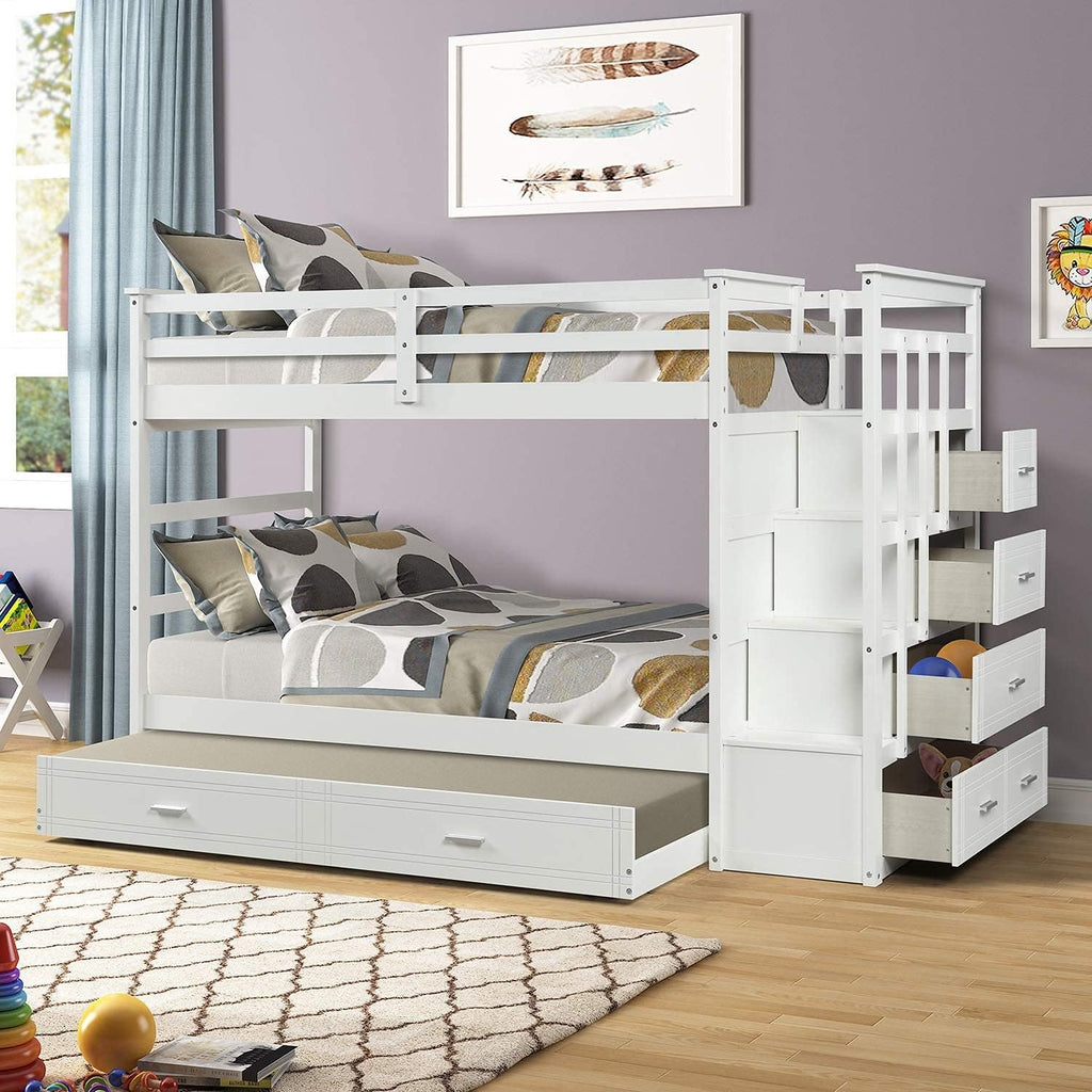 Twin Over Twin Wood Bunk Bed with Trundle and Staircase Q4853
