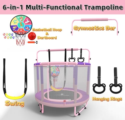60" 5ft 6-in-1 Trampoline with Swing, Basketball Hoop, Dart Board, Gymnastics Bar P555266