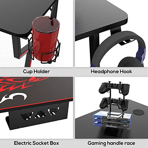 Black 47 Inch Gaming Desk with Mouse Pad Headset Hook Cup Holder Controller Stand Y8974