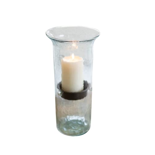Small Glass Hurricane Pillar Candle Holder with Rustic Metal Insert L221156