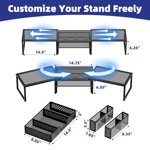 Black Dual Metal Monitor Stand Riser with Drawer and Pen Holder N754