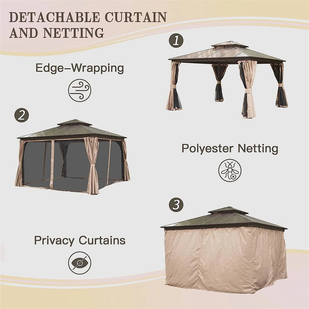 Hardtop Gazebo with Polycarbonate Double Roof, Aluminum Frame, Bug Netting & Privacy Curtains A83899