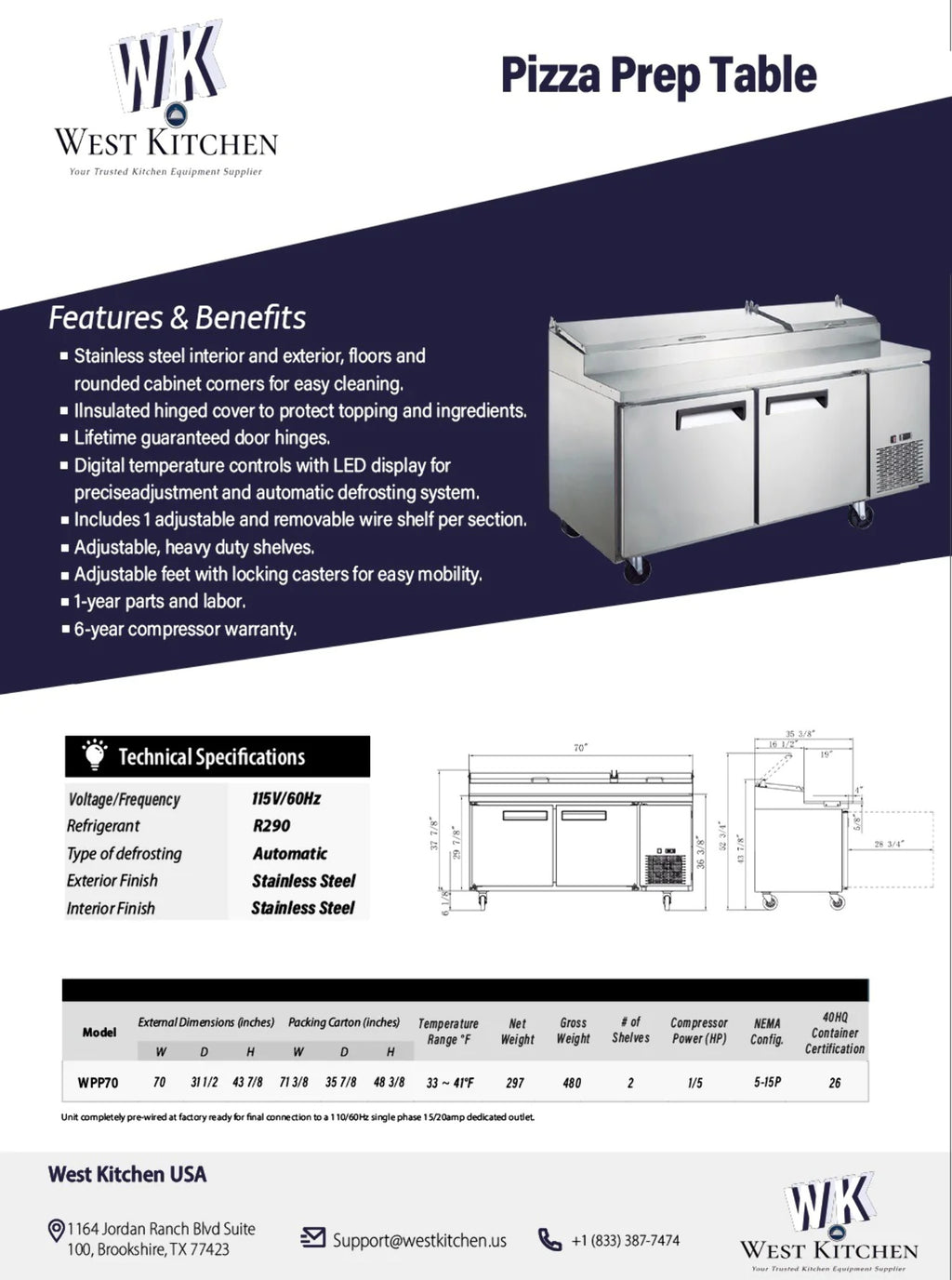 70 Refrigerated 2 Door Pizza Prep Table N89560