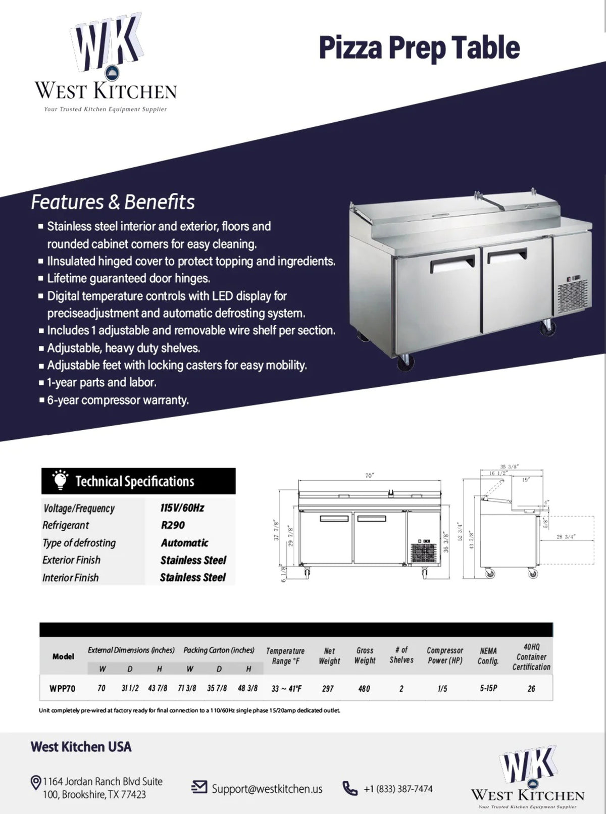 70 Refrigerated 2 Door Pizza Prep Table N89560
