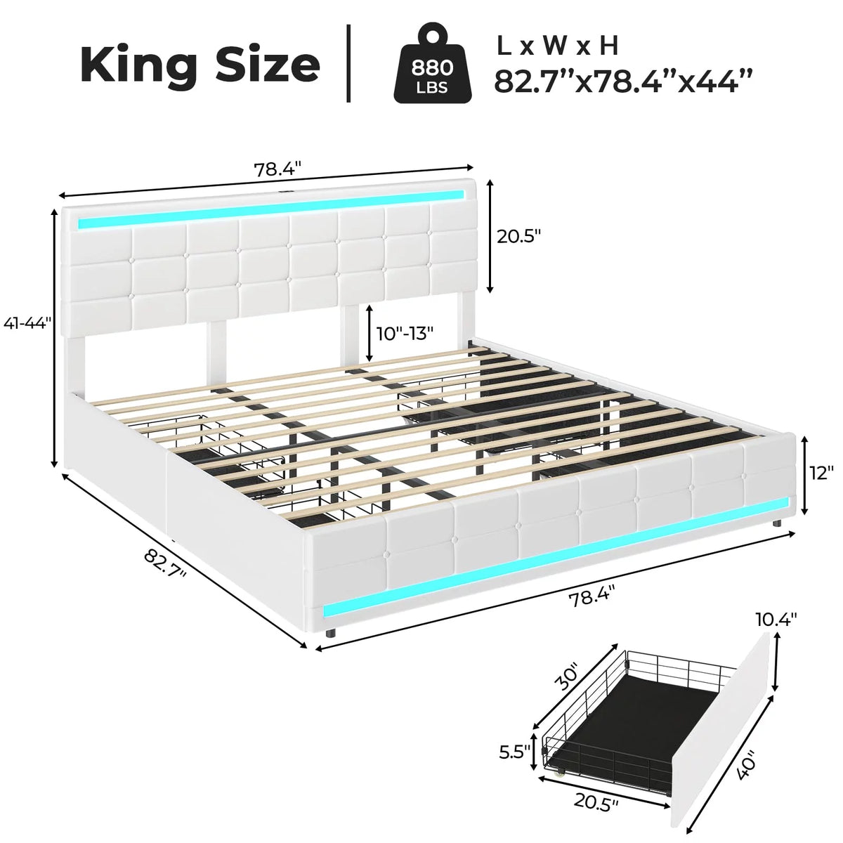 King Bed Frame with Storage Drawers, LED Lights, USB Port, White K4474