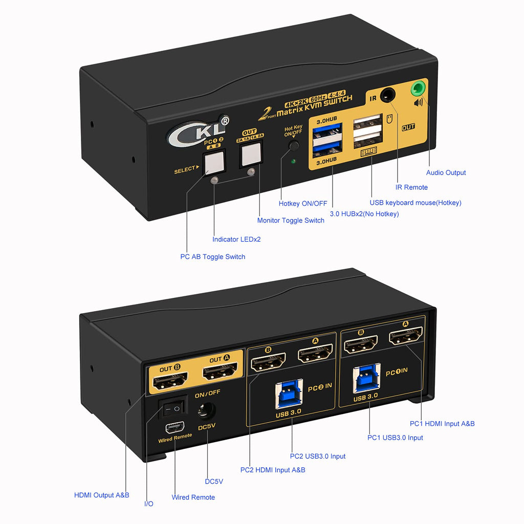 2x2 HDMI KVM Switch Dual Monitor USB 3.0 4K 60Hz with Cables I390