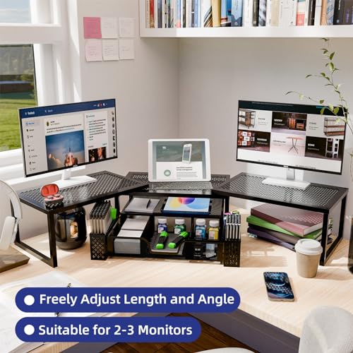 Black Dual Metal Monitor Stand Riser with Drawer and Pen Holder N754