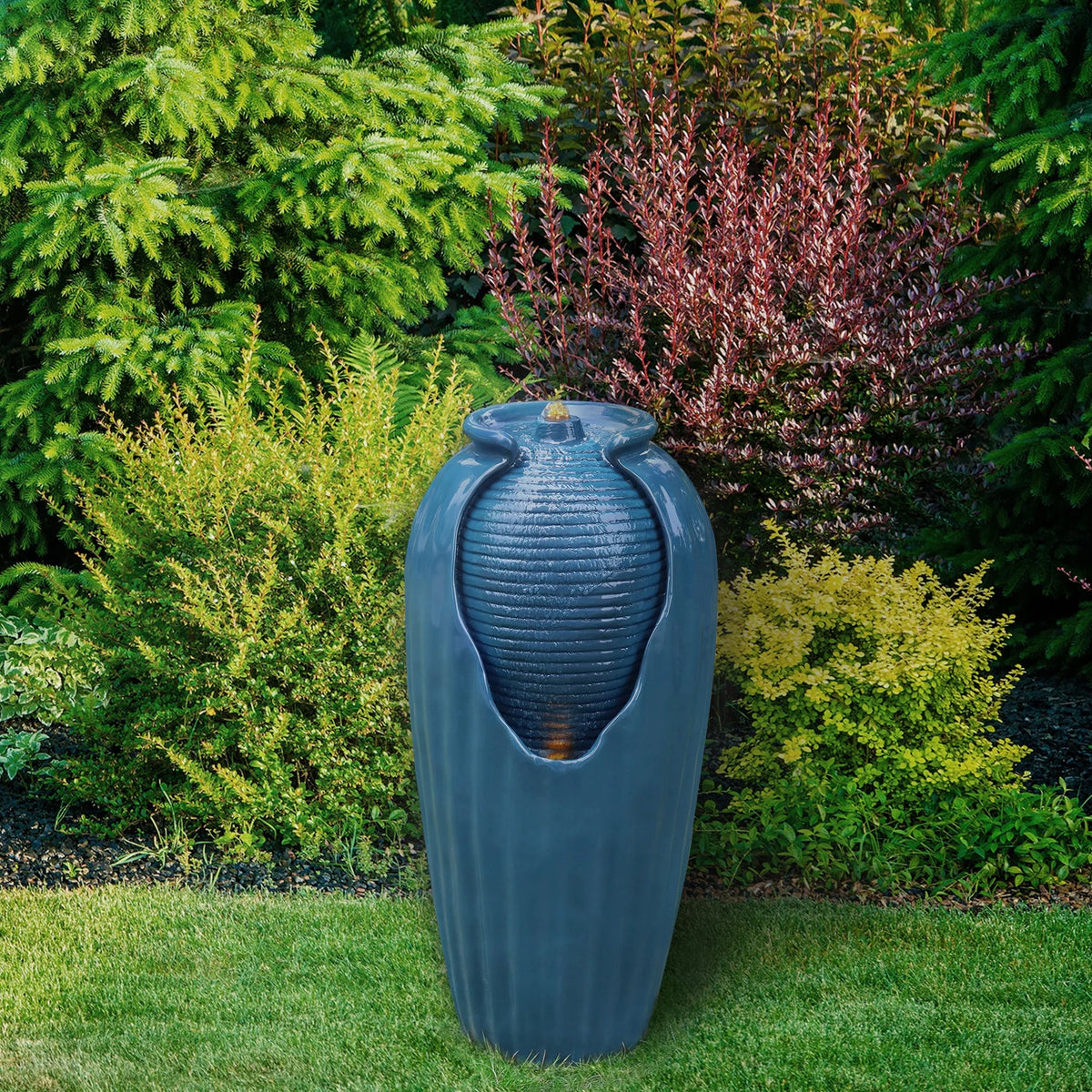 Blue Glazed Contoured Vase Water Fountain with LED Lights M947572