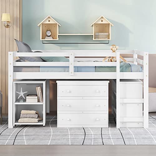 White Full High-Grade Pinewood Low Study Loft Bed with Desk, Cabinet, Bookshelf, Rolling Portable Desk, Full-Length Guardrail T412426