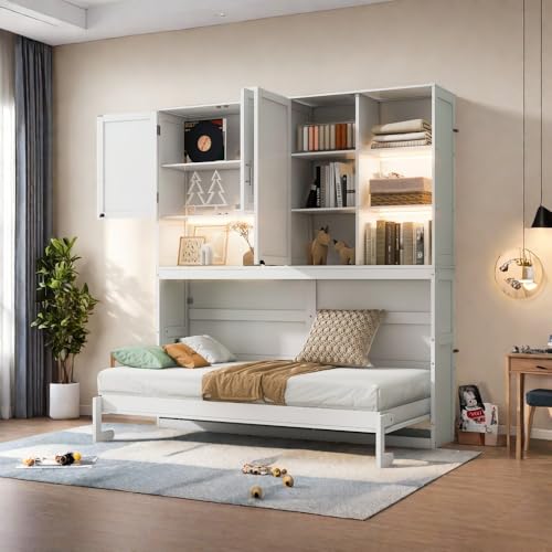 Twin Size Gray Murphy Bed Frame with Storage Cabinet and Shelves T8879