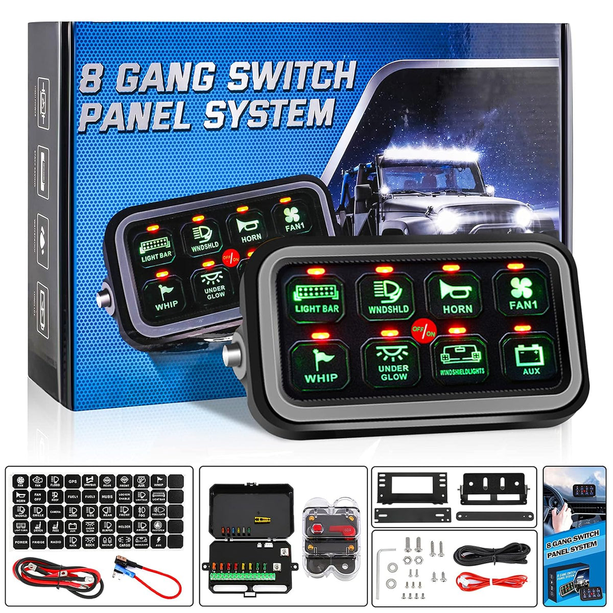 8 Gang Switch Panel 12V~24V Waterproof Automatic Dimmable Blue Light K7920