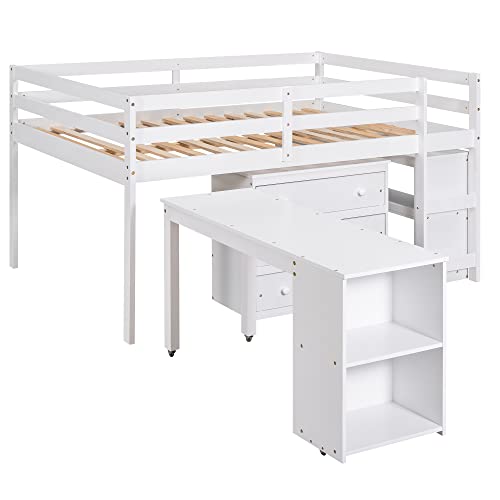 White Full High-Grade Pinewood Low Study Loft Bed with Desk, Cabinet, Bookshelf, Rolling Portable Desk, Full-Length Guardrail T412426