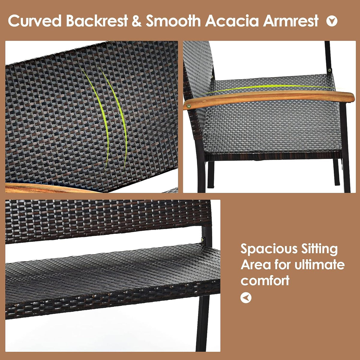 Wicker Rattan Bench with Acacia Wood Armrest P9323