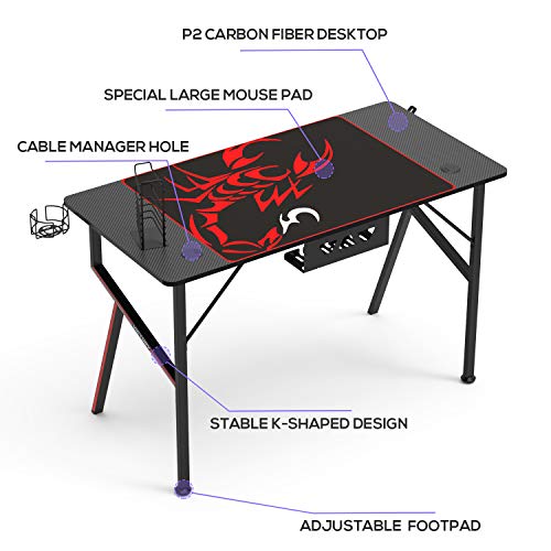 Black 47 Inch Gaming Desk with Mouse Pad Headset Hook Cup Holder Controller Stand Y8974