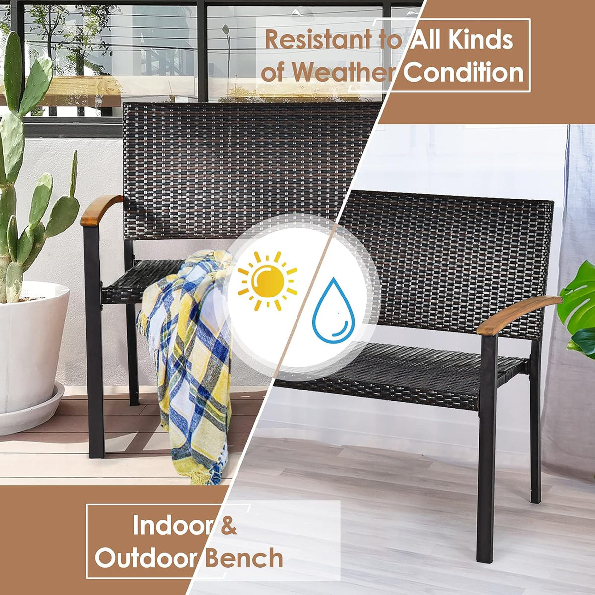 Wicker Rattan Bench with Acacia Wood Armrest P9323