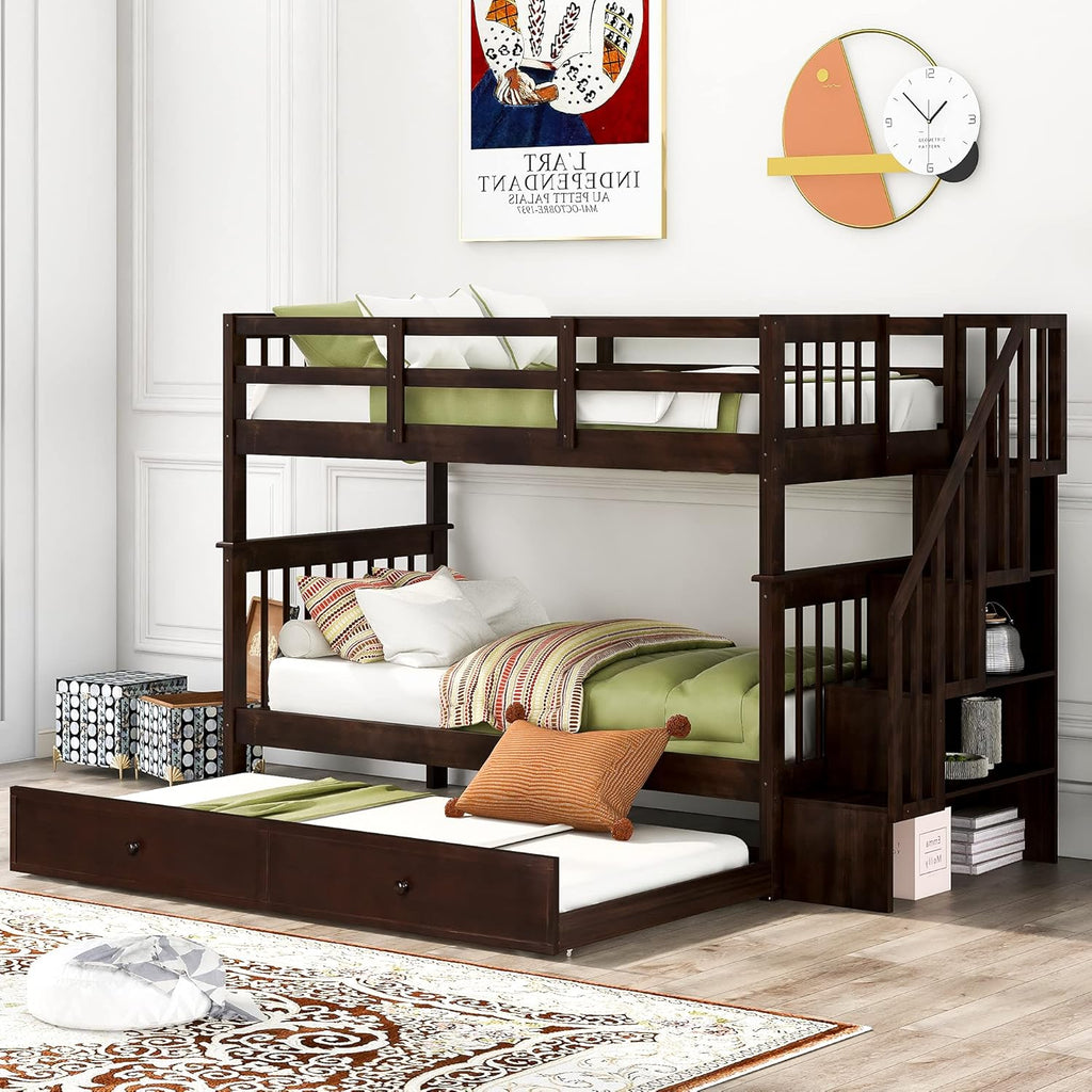 Twin Over Twin Wood Bunk Bed with Trundle and Staircase Q4853