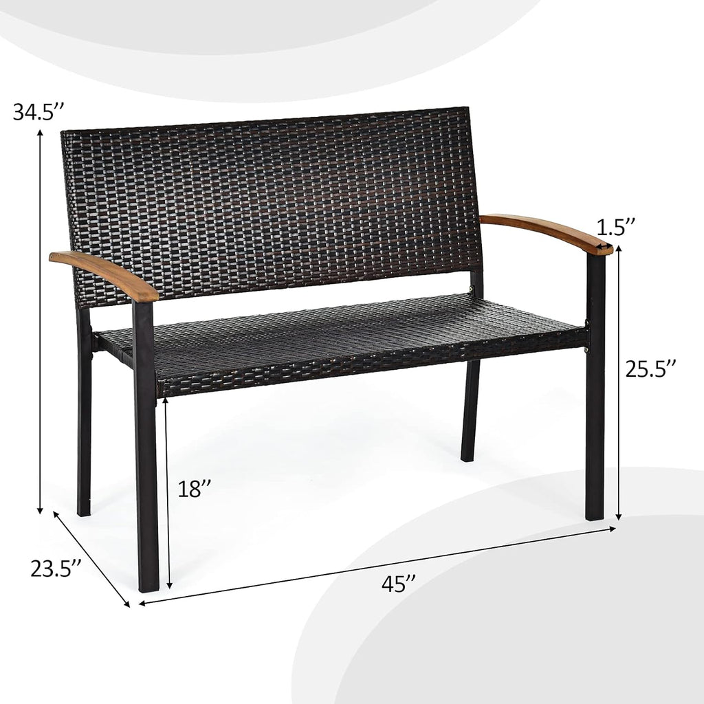 Wicker Rattan Bench with Acacia Wood Armrest P9323