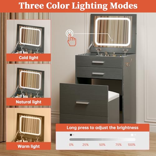 White 3 Drawer Vanity Desk with Mirror and Stool X91161