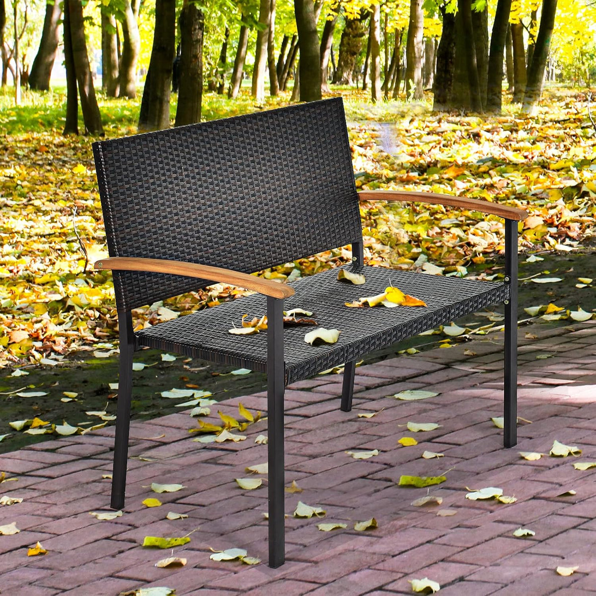 Wicker Rattan Bench with Acacia Wood Armrest P9323