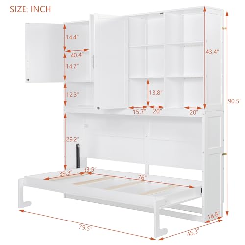 Twin Size Gray Murphy Bed Frame with Storage Cabinet and Shelves T8879
