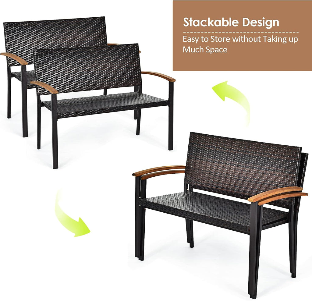 Wicker Rattan Bench with Acacia Wood Armrest P9323