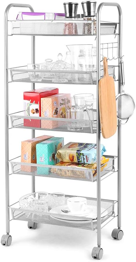 5-Tier Metal Mesh Rolling Utility Cart with Lockable Wheels, Black I397008