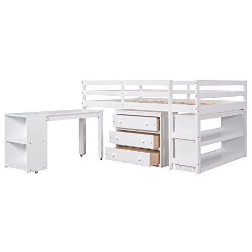White Full High-Grade Pinewood Low Study Loft Bed with Desk, Cabinet, Bookshelf, Rolling Portable Desk, Full-Length Guardrail T412426