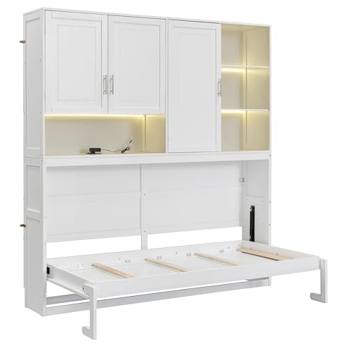 Twin Size Gray Murphy Bed Frame with Storage Cabinet and Shelves T8879