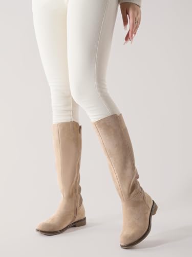 Knee High Boots Flat Low Heel Stretchy Round Toe with Side Zipper A936